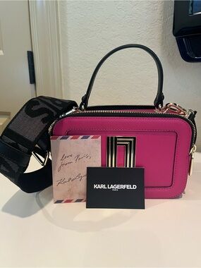 Karl Lagerfeld Hot Pink Leather Crossbody Camera Bag with Black Strap